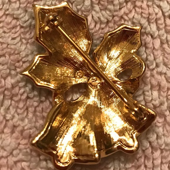 VTG CHRISTMAS Red Bells Pin w/ stones, bow + holly - Picture 3 of 5